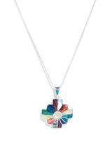 Shell and Stone Inlay Peruvian Chakana Pendant Necklace - 950 Sterling Silver
