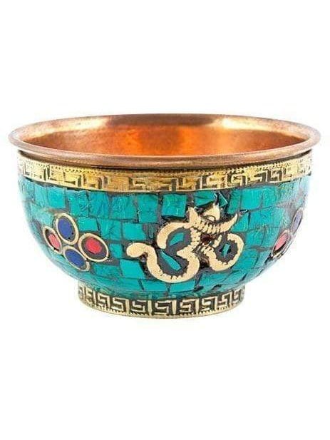 Copper Inlay Stone Mosaic Om Offering Bowl