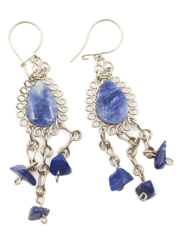 Wire Earrings Alpaca Silver Wire Pierced Earrings Lapis Lazuli Teardrop and Stones