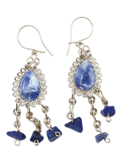 Wire Earrings Alpaca Silver Wire Pierced Earrings Lapis Lazuli Teardrop and Stones
