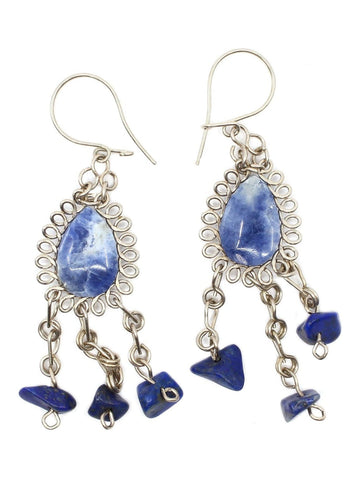 Alpaca Silver Wire Pierced Earrings Lapis Lazuli Teardrop and Stones