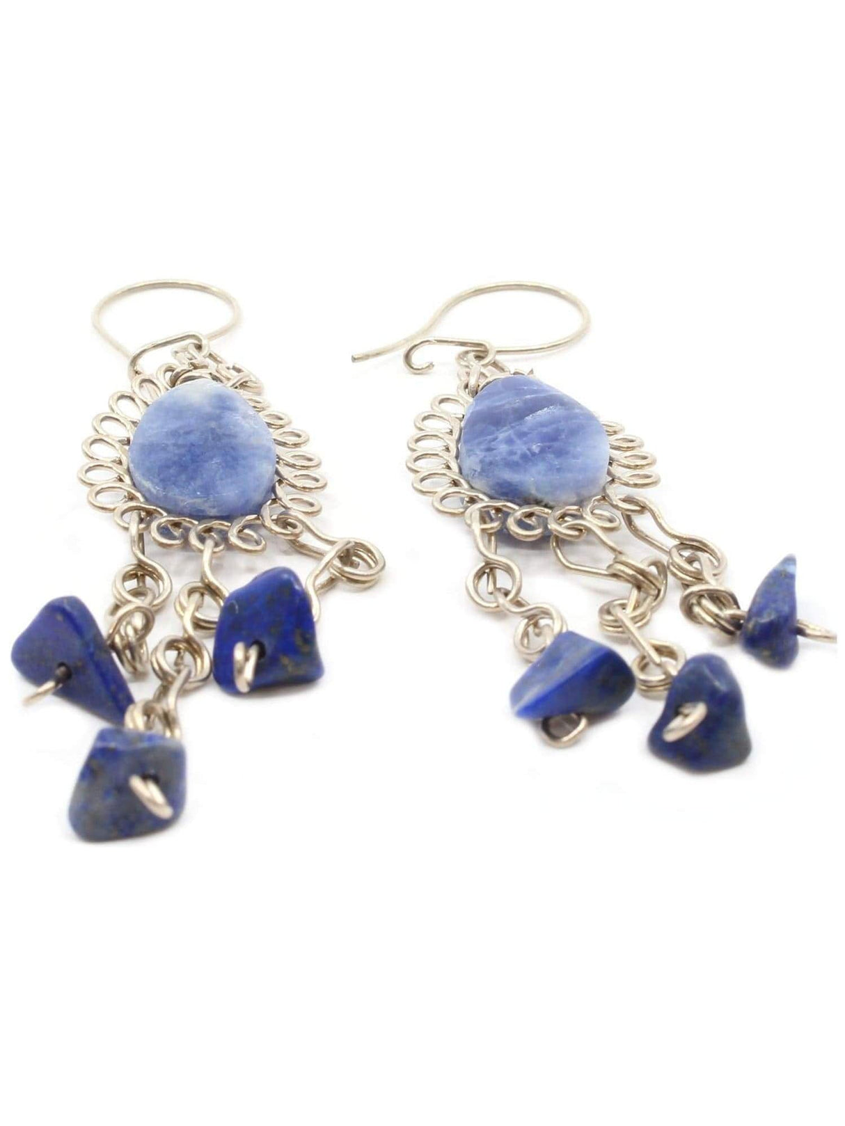 Wire Earrings Alpaca Silver Wire Pierced Earrings Lapis Lazuli Teardrop and Stones