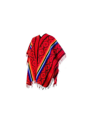 Peruvian Traditional Wool Blend Poncho - Red/Black/Rainbow - DISCOUNTED / 2nds