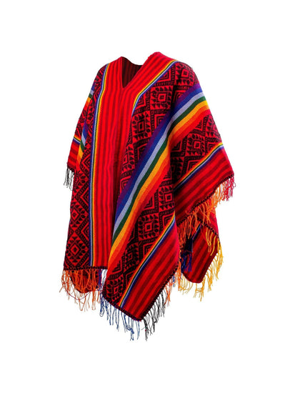 Wool Blend Ponchos Peruvian Traditional Wool Blend Poncho - Red/Black/Rainbow
