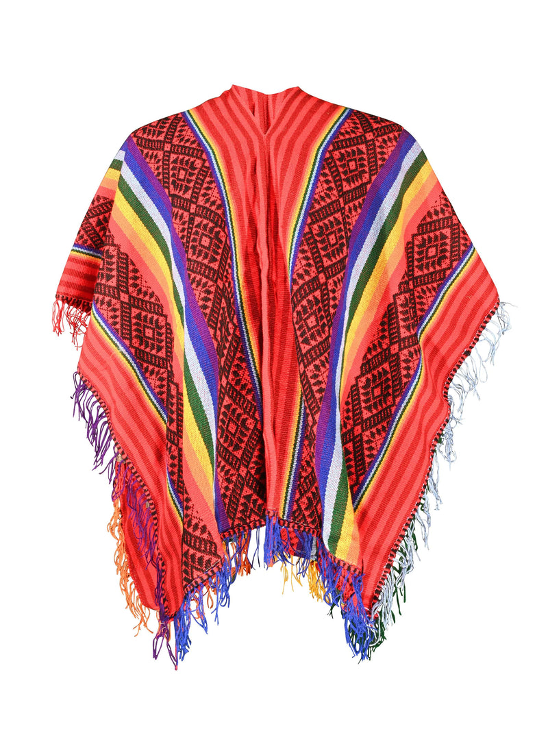 Peruvian Traditional Wool Blend Poncho - Red/Black/Rainbow