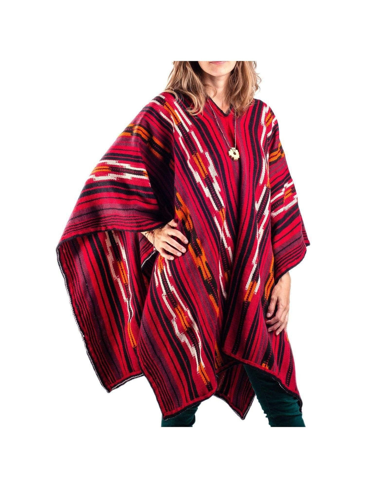 Wool Blend Ponchos Peruvian Traditional Wool Blend Poncho - Red Chakana