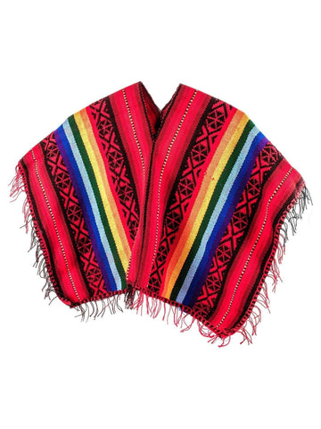 Peruvian Traditional Wool Blend Poncho - Red/Black/Rainbow - Child